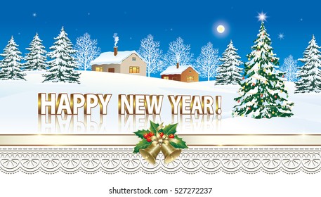 Postcard Happy New Year with Christmas tree and ribbon with bells on the background of nature and ornament