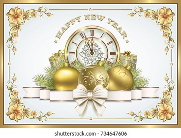 Postcard Happy New Year with  Christmas gifts in a frame with a flower pattern. Vector illustration