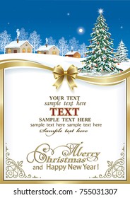 Postcard Happy New Year with a Christmas tree against the backdrop of a winter landscape. Vector illustration