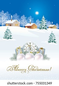 Postcard Happy New Year with Christmas gifts on the background of a winter landscape. Vector illustration