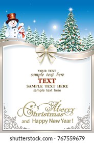 Postcard Happy New Year with a Christmas tree and snowmen against a background of nature in a frame with an ornament.Vector illustration