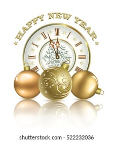 Postcard Happy New Year with clock and a ball on a white background