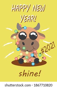 Postcard "Happy new year!" with a cute bull on a yellow background