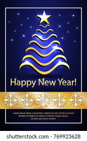 Postcard Happy New Year, dark blue background with gold elements, Christmas tree, stars, snowflakes.