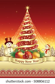 Postcard Happy New Year with a fir tree with snowman and balls on the background of stars and ornament