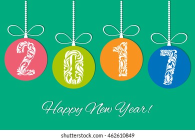 Postcard "Happy New Year!" Flat style. In Christmas balls digits 2017 made of floral elements