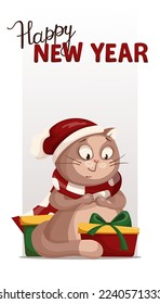 Postcard Happy New Year. Funny cat in christmas red hat and scarf is preparing to open gifts. Cute character in cartoon style isolated on white background. Winter materials - stickers, greeting cards