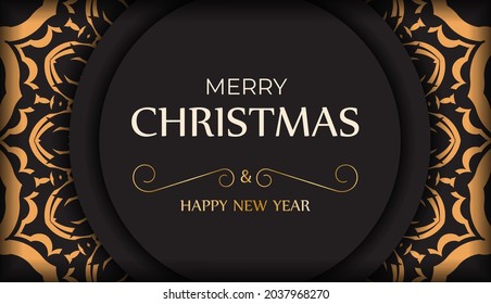 Postcard Happy New Year and Merry Christmas in black color with orange ornaments.