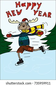 Postcard with a "happy new year" and a moose on the rink