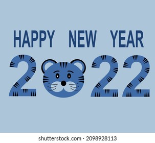 Postcard Happy New Year and Numbers 2020 and the muzzle of a tiger on a light blue background. New year of the tiger, vector image.