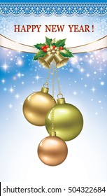 Postcard Happy New Year on blue background with ball and ribbon with bells