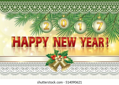 Postcard Happy New Year on the background of fir branches and ornaments with balls and bells