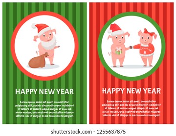 Postcard happy New Year with pigs. Smiling piggy in Santa red hat holding bag. Boy in cap holding gift box and hand of girl with bow and jersey vector