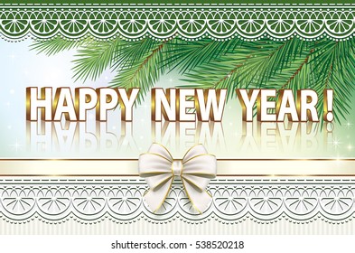 Postcard Happy New Year with ribbon and bow on a background of an ornament and fir branches