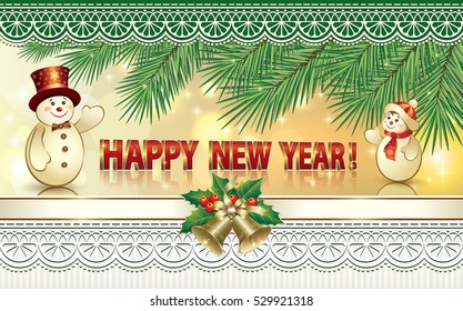 Postcard Happy New Year with a snowman, ribbon and bells on the background of the ornament and fir branches