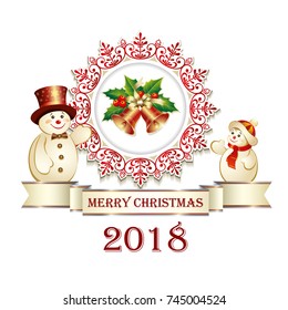 Postcard Happy New Year with snowmen on a white background. Vector illustration.