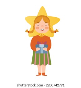 Postcard Happy New Year. Vector illustration. Girl with gift