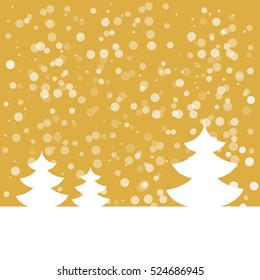 Postcard for Happy New Year. Winter landscape with fir tree with snowflakes. White fir on gold background. Vector