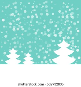 Postcard for Happy New Year. Winter landscape with fir tree with snowflakes. White fir on light blue background. Vector