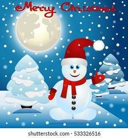 Postcard with happy snowman. Vector Illustration.