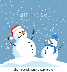 Postcard with happy snowmans. Christmas greeting card in cartoon style. New year poster. Vector illustration
