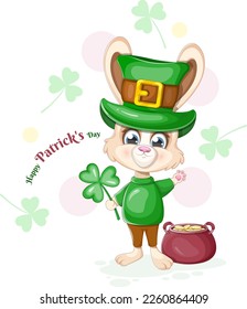 Postcard Happy St. Patrick's Day. Cute bunny with a shamrock and a pot of gold