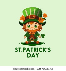 Postcard Happy St. Patrick's Day. Cute beautiful leprechaun with clover for luck in cartoon style. Dwarf. Colorful banner, logo, signboard, emblem