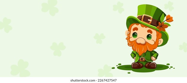Postcard Happy St. Patrick's Day. Cute beautiful leprechaun with clover for luck in cartoon style. Dwarf. Colorful banner, logo, signboard, emblem