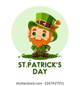 Postcard Happy St. Patrick's Day. Cute beautiful leprechaun with clover for luck in cartoon style. Dwarf. Colorful banner, logo, signboard, emblem