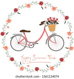 Postcard Happy summer time with bike and flowers vector image