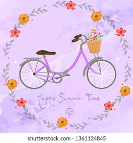 Postcard Happy summer time with bike and flowers vector image