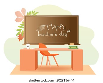 Postcard Happy Teachers Day concept. Teacher's office with autumn leaves. Board and table with a chair. School and training. School supplies. Cute illustrations in flat cartoon style.