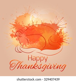 Postcard Happy Thanksgiving with turkey and bright splashes for your creativity