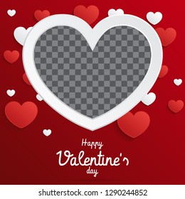 Postcard Happy Valentines Day with a blank template for photo. Vector illustration. Valentine's Day background congratulation card. Card with paper art hearts 