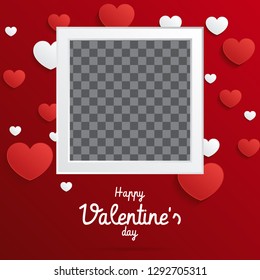 Postcard Happy Valentines Day with a blank template for photo. Vector illustration. Valentine's Day background congratulation card. Card with paper art hearts 