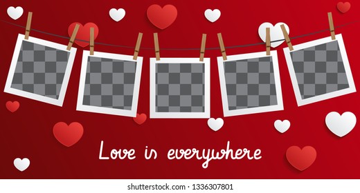 Postcard Happy Valentines Day with a blank template for photo. Vector illustration. Valentine's Day background congratulation card. Card with paper art hearts 