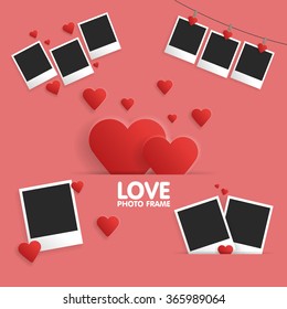 Postcard Happy Valentines Day with a blank template for photo. Frame on a red background.