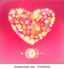 Postcard for Happy Valentine's day with bokeh lights. Vector illustration.
