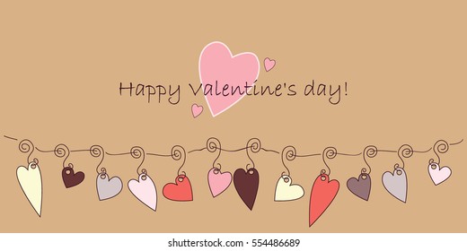 Postcard - Happy Valentine's Day, Heart strung on a forged curls (red and gray color on a brown background)