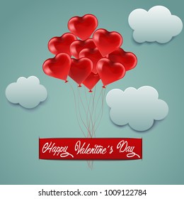 Postcard Happy Valentine's Day, red balloons in the shape of heart flying in the sky.