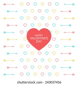 Postcard Happy Valentine's Day with red heart. Colorful pattern of hearts and arrows