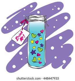 Postcard Happy Valentine's Day. Vector illustration. Bottle with hearts and stars. Figure for a card, poster or print on clothes.
