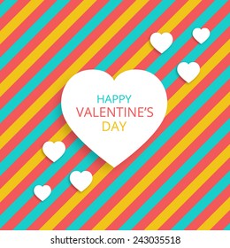Postcard Happy Valentine's Day with white hearts. Colorful stripes pattern  