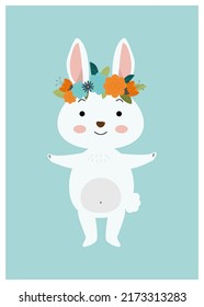 Postcard with a hare congratulations on the holidays. Rabbit in a flower wreath.