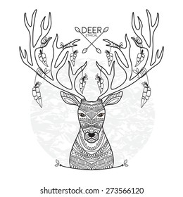 Postcard with the head of a deer. The feathers are attached by a rope to the horns. Vector illustration. Design greeting cards, greetings, invitations, t-shirt design.