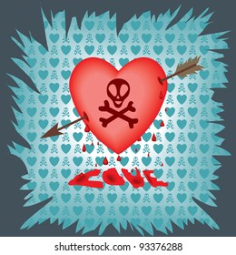 postcard with a heart pierced by an arrow and the skull