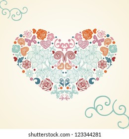 postcard with heart which consist of colorful elements. Vector illustration