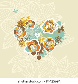 postcard with heart which consist of colorful flowers. Vector illustration