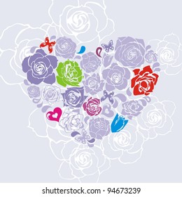 postcard with heart which consist of colorful flowers. Vector illustration