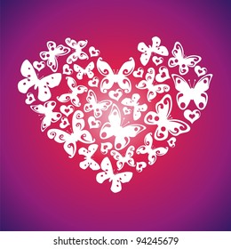 postcard with heart which consist of white butterflies. Vector illustration